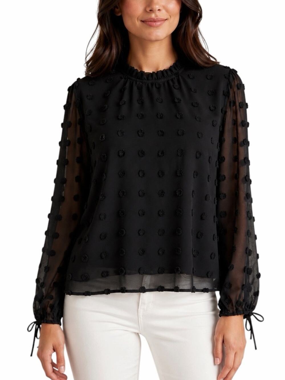 Liumilac Swiss Dot Sheer Blouse Size 2XL Ruffle Neck Tie Cuff Textured Black Top